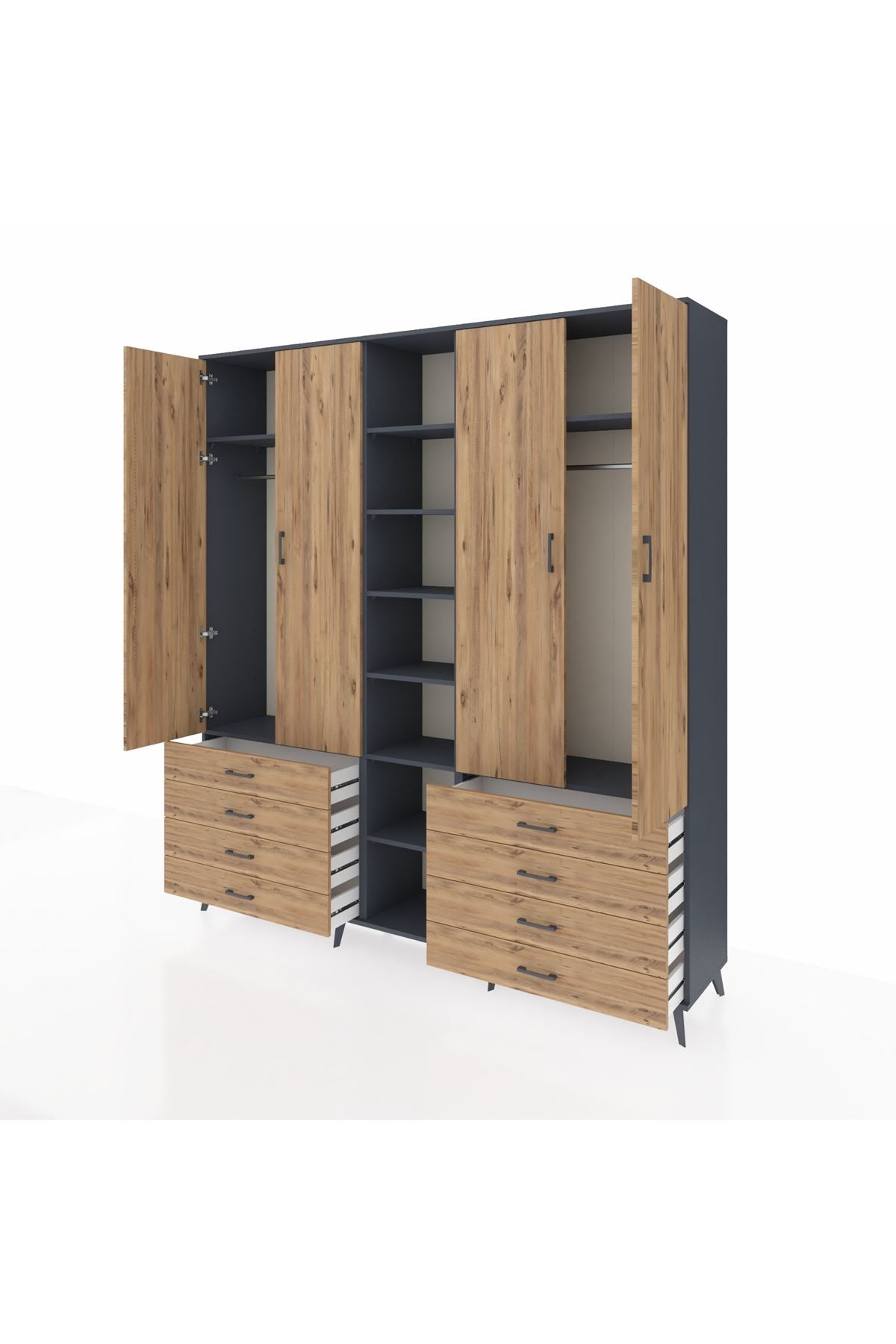 Hyperion Dolap 10 Raflı 8 Çekmeceli 2 Askılı 220x44x243 Antrasit-Çam/Çam