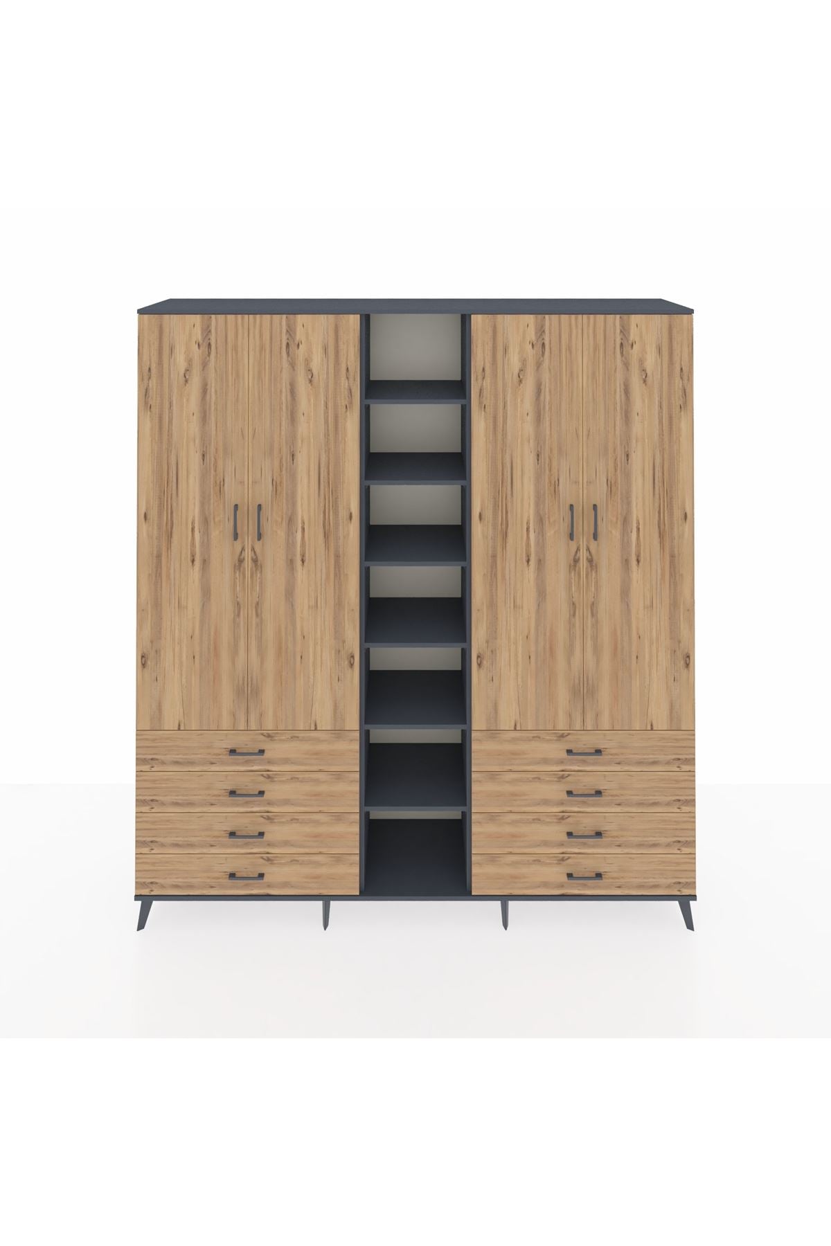 Hyperion Dolap 10 Raflı 8 Çekmeceli 2 Askılı 220x44x243 Antrasit-Çam/Çam