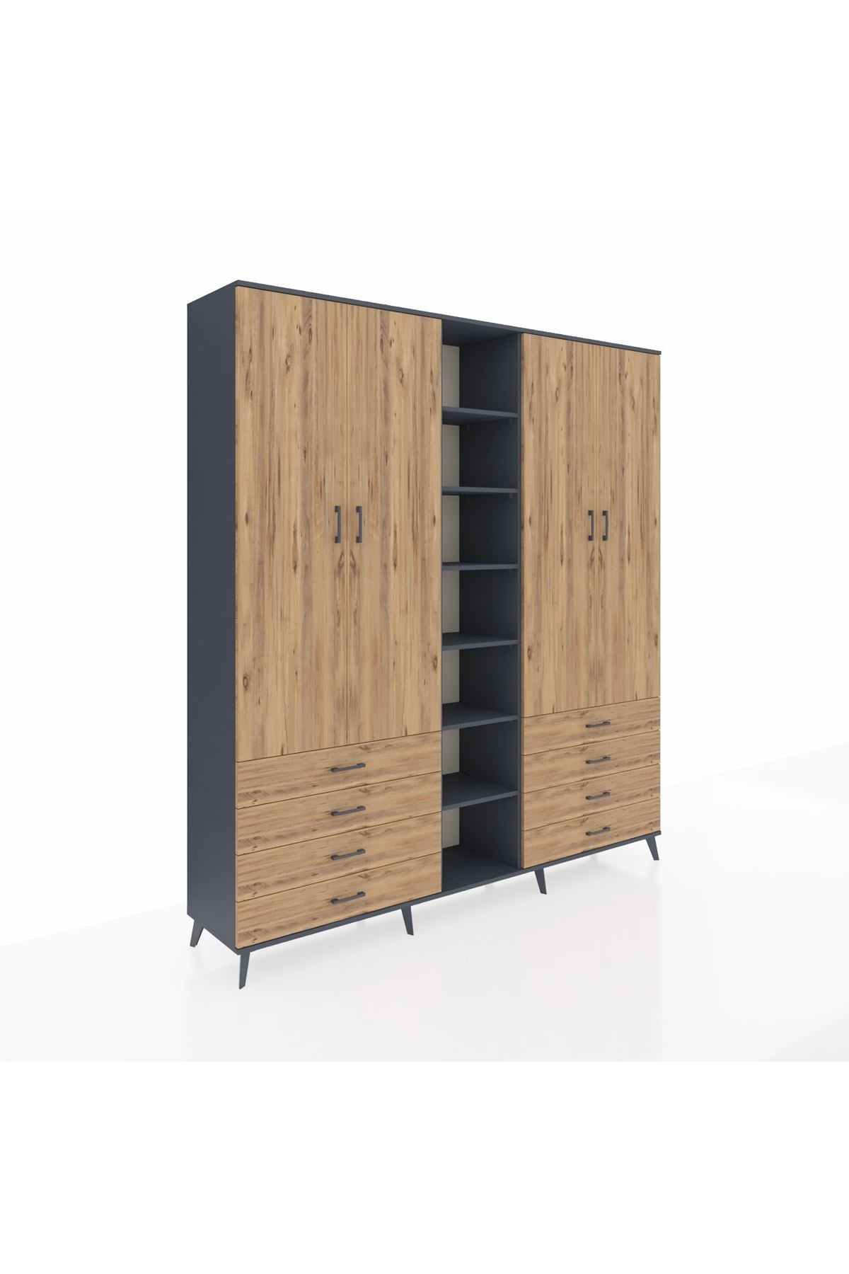 Hyperion Dolap 10 Raflı 8 Çekmeceli 2 Askılı 220x44x243 Antrasit-Çam/Çam