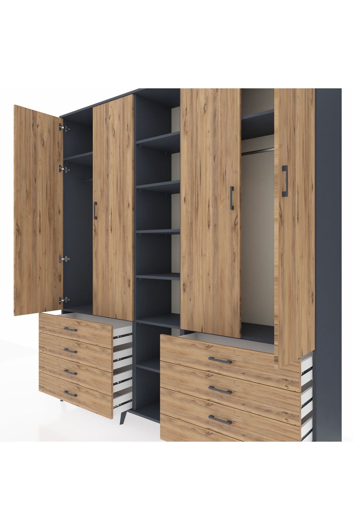 Hyperion Dolap 10 Raflı 8 Çekmeceli 2 Askılı 220x44x243 Antrasit-Çam/Çam