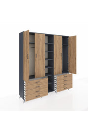 Hyperion Dolap 10 Raflı 8 Çekmeceli 2 Askılı 220x44x243 Antrasit-Çam/Çam