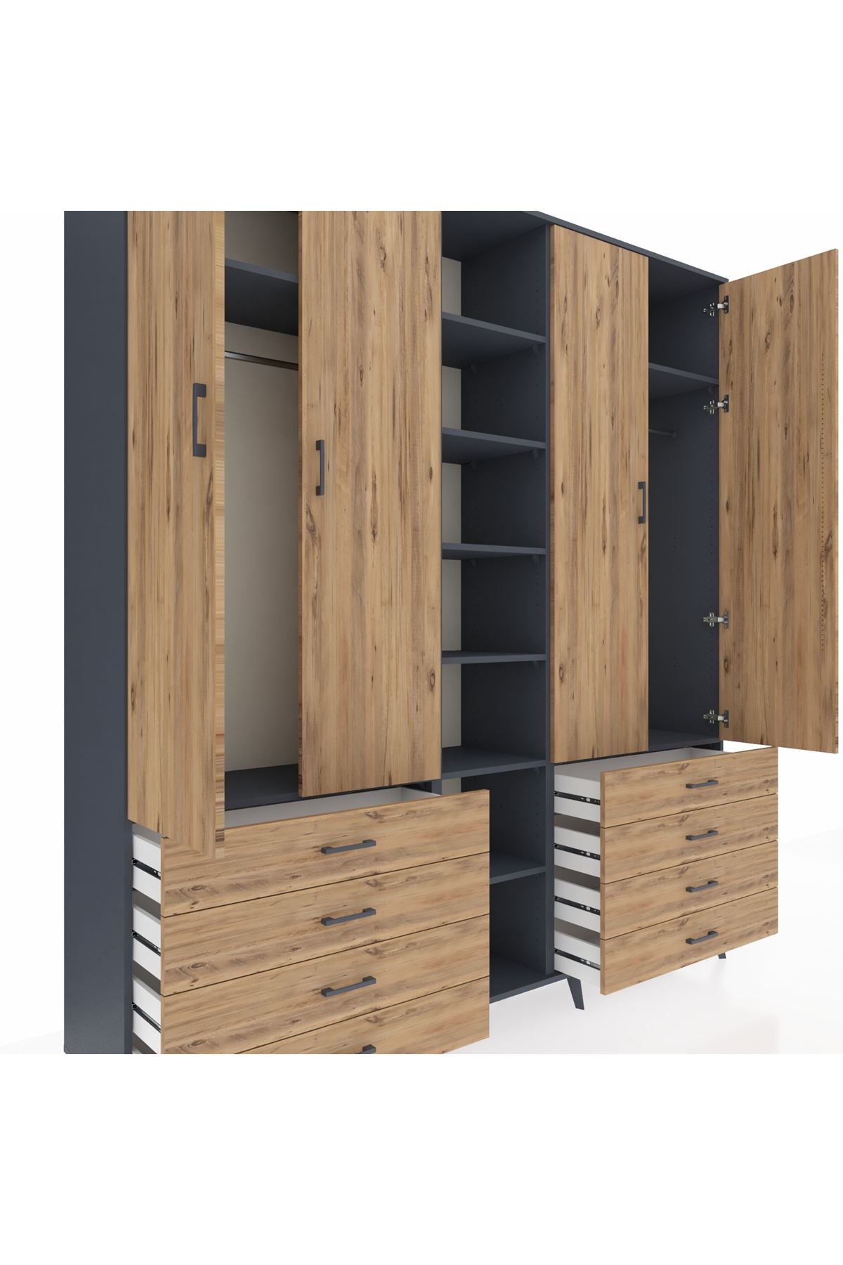 Hyperion Dolap 10 Raflı 8 Çekmeceli 2 Askılı 220x44x243 Antrasit-Çam/Çam