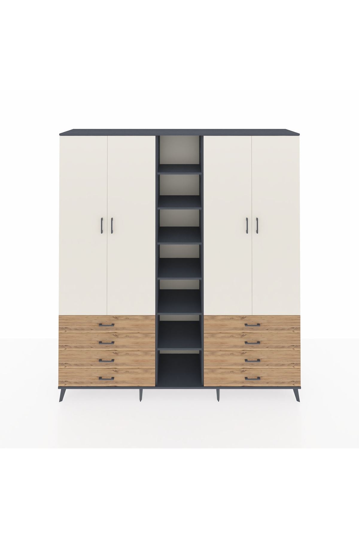 Hyperion Dolap 10 Raflı 8 Çekmeceli 2 Askılı 220x44x243 Antrasit-Aytaşı/Çam