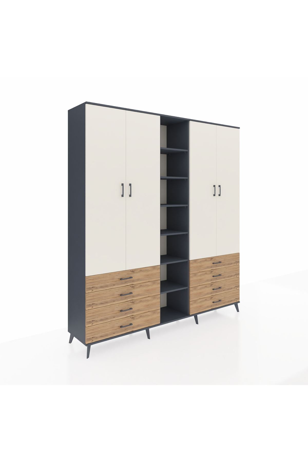 Hyperion Dolap 10 Raflı 8 Çekmeceli 2 Askılı 220x44x243 Antrasit-Aytaşı/Çam