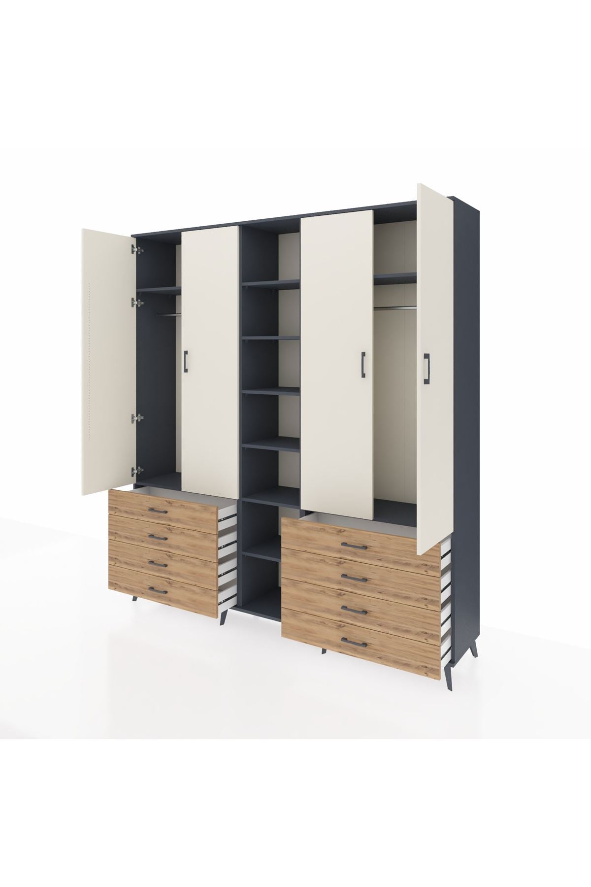 Hyperion Dolap 10 Raflı 8 Çekmeceli 2 Askılı 220x44x243 Antrasit-Aytaşı/Çam