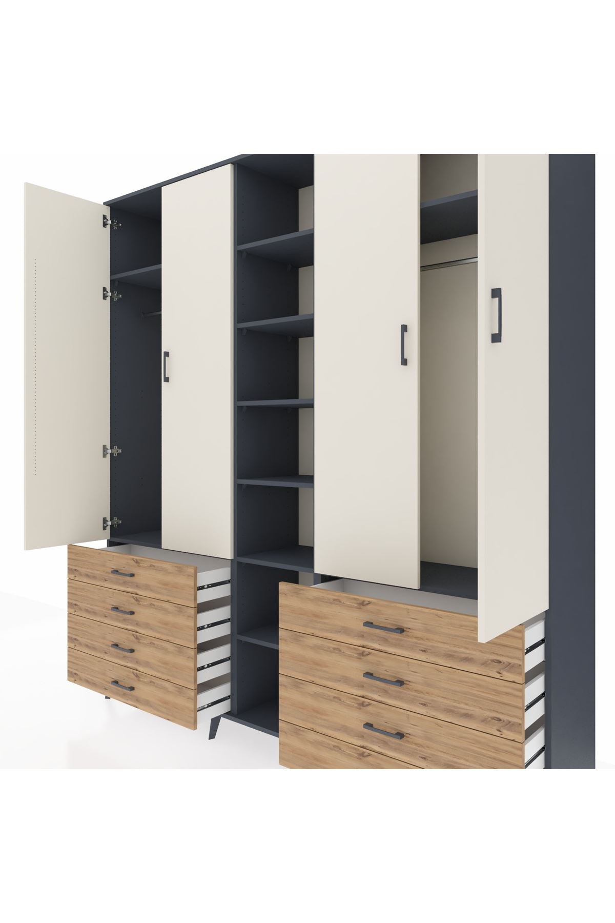 Hyperion Dolap 10 Raflı 8 Çekmeceli 2 Askılı 220x44x243 Antrasit-Aytaşı/Çam