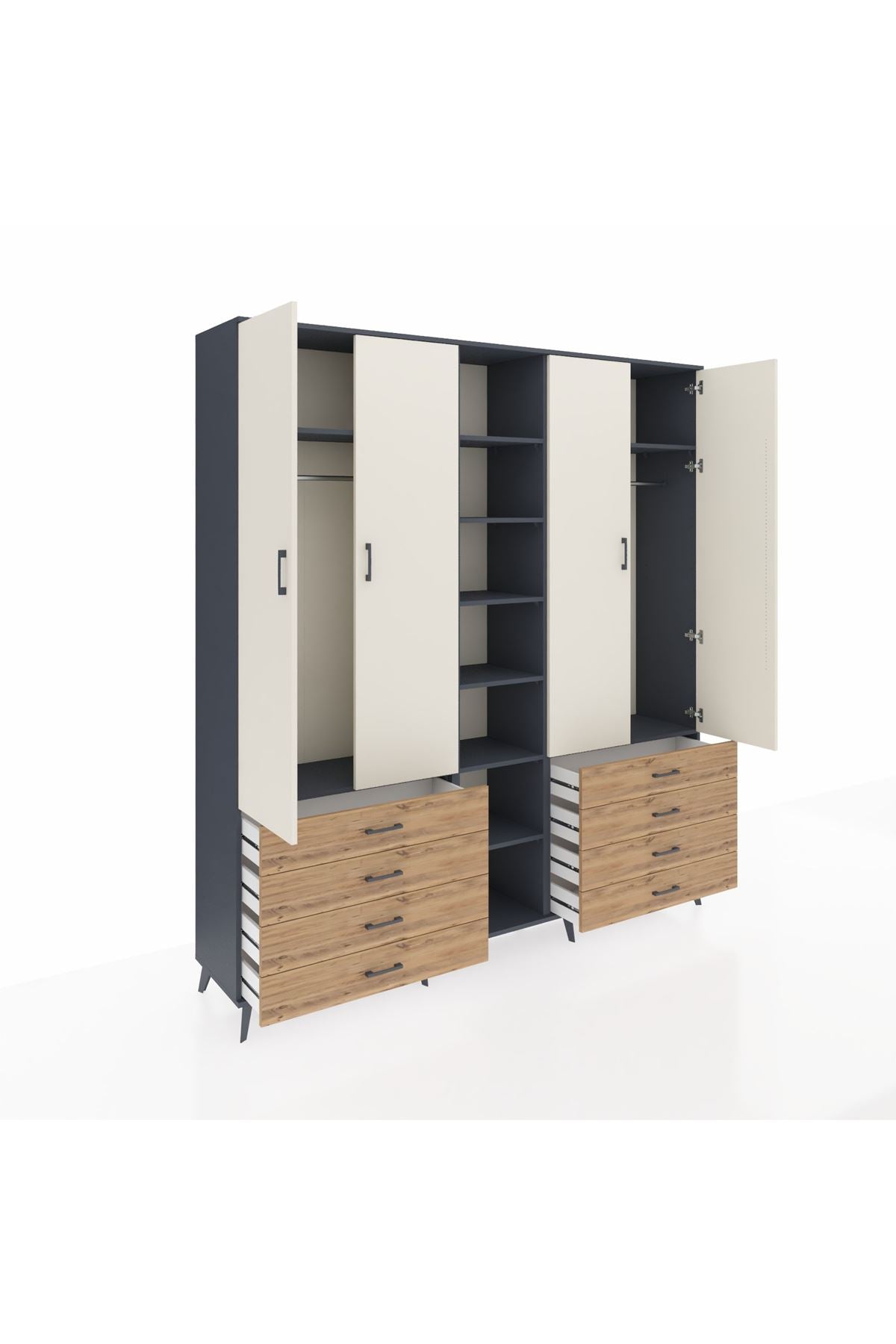 Hyperion Dolap 10 Raflı 8 Çekmeceli 2 Askılı 220x44x243 Antrasit-Aytaşı/Çam