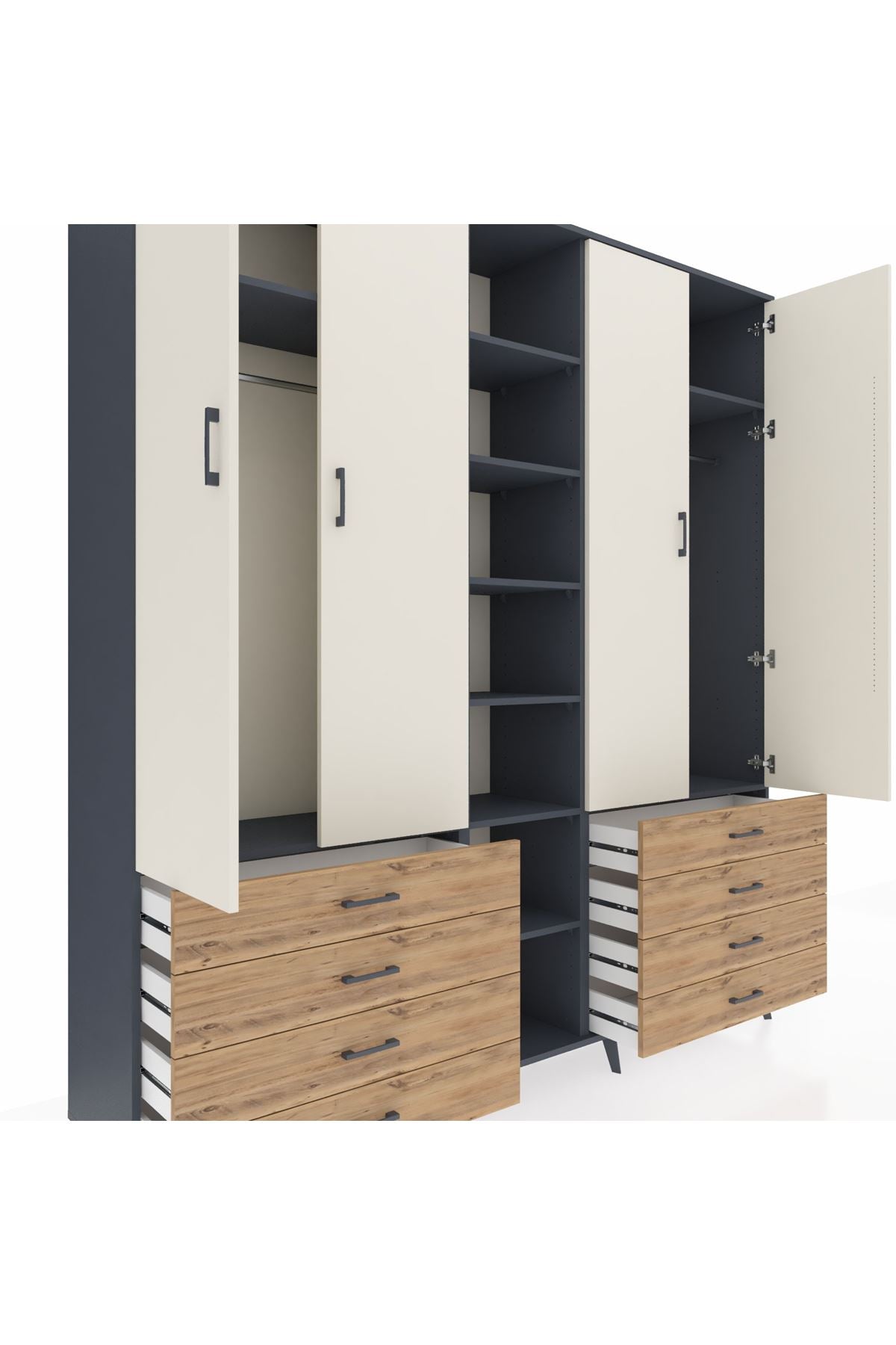 Hyperion Dolap 10 Raflı 8 Çekmeceli 2 Askılı 220x44x243 Antrasit-Aytaşı/Çam