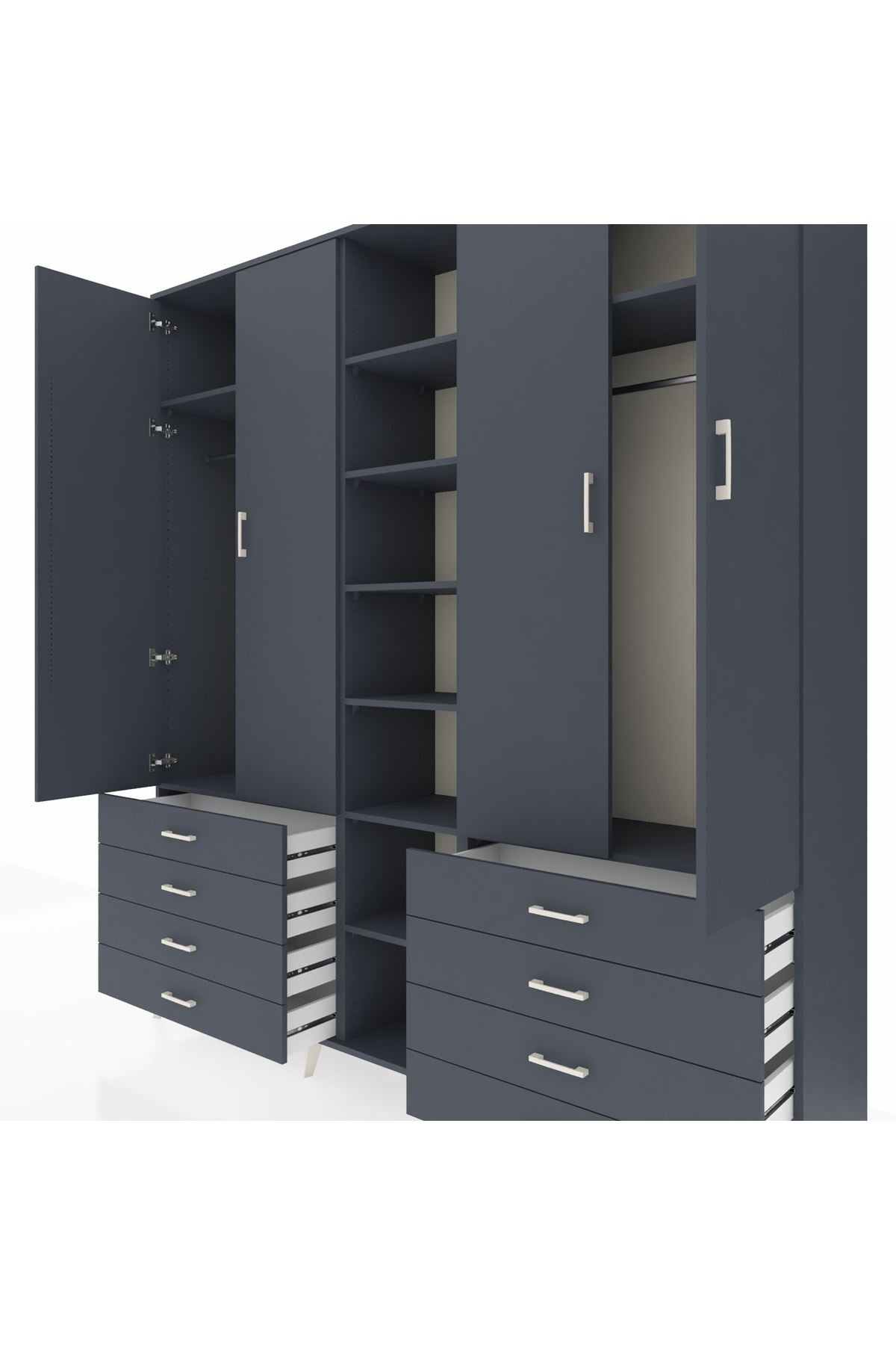 Hyperion Dolap 10 Raflı 8 Çekmeceli 2 Askılı 220x44x243 Antrasit-Antrasit/Antrasit