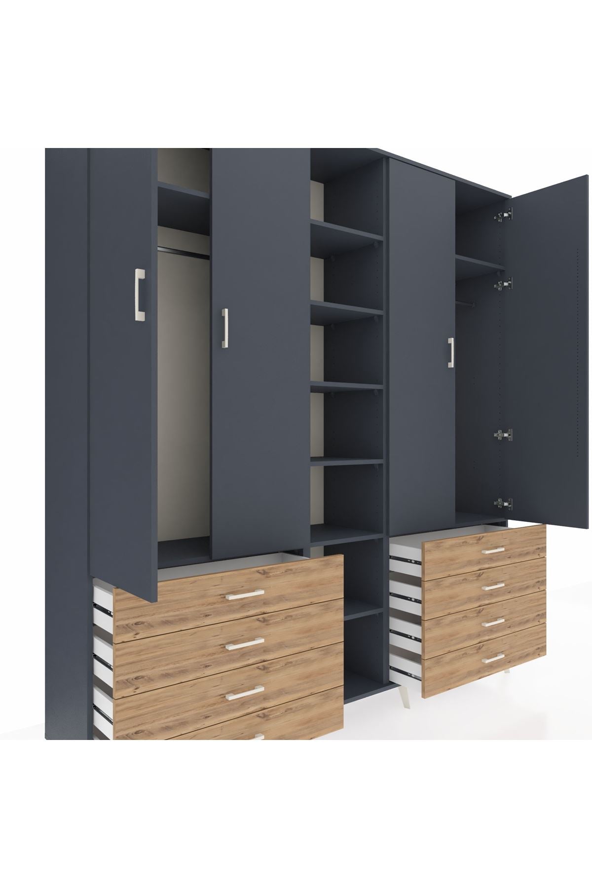 Hyperion Dolap 10 Raflı 8 Çekmeceli 2 Askılı 220x44x243 Antrasit-Antrasit/Çam