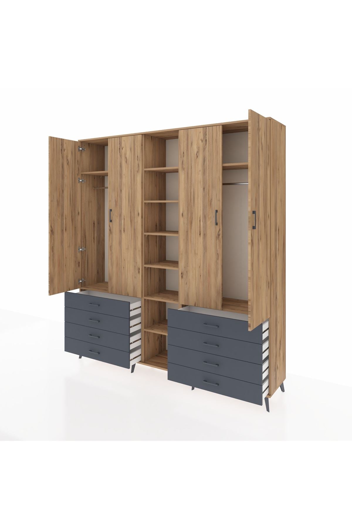 Hyperion Dolap 10 Raflı 8 Çekmeceli 2 Askılı 220x44x243 Çam-Çam/Antrasit