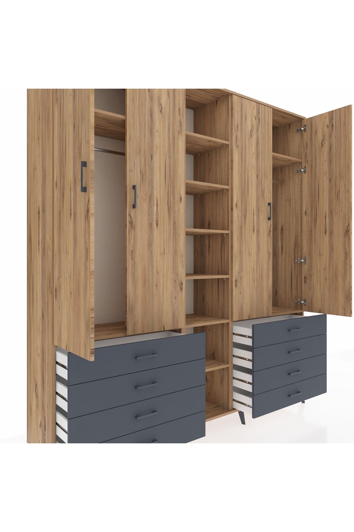 Hyperion Dolap 10 Raflı 8 Çekmeceli 2 Askılı 220x44x243 Çam-Çam/Antrasit