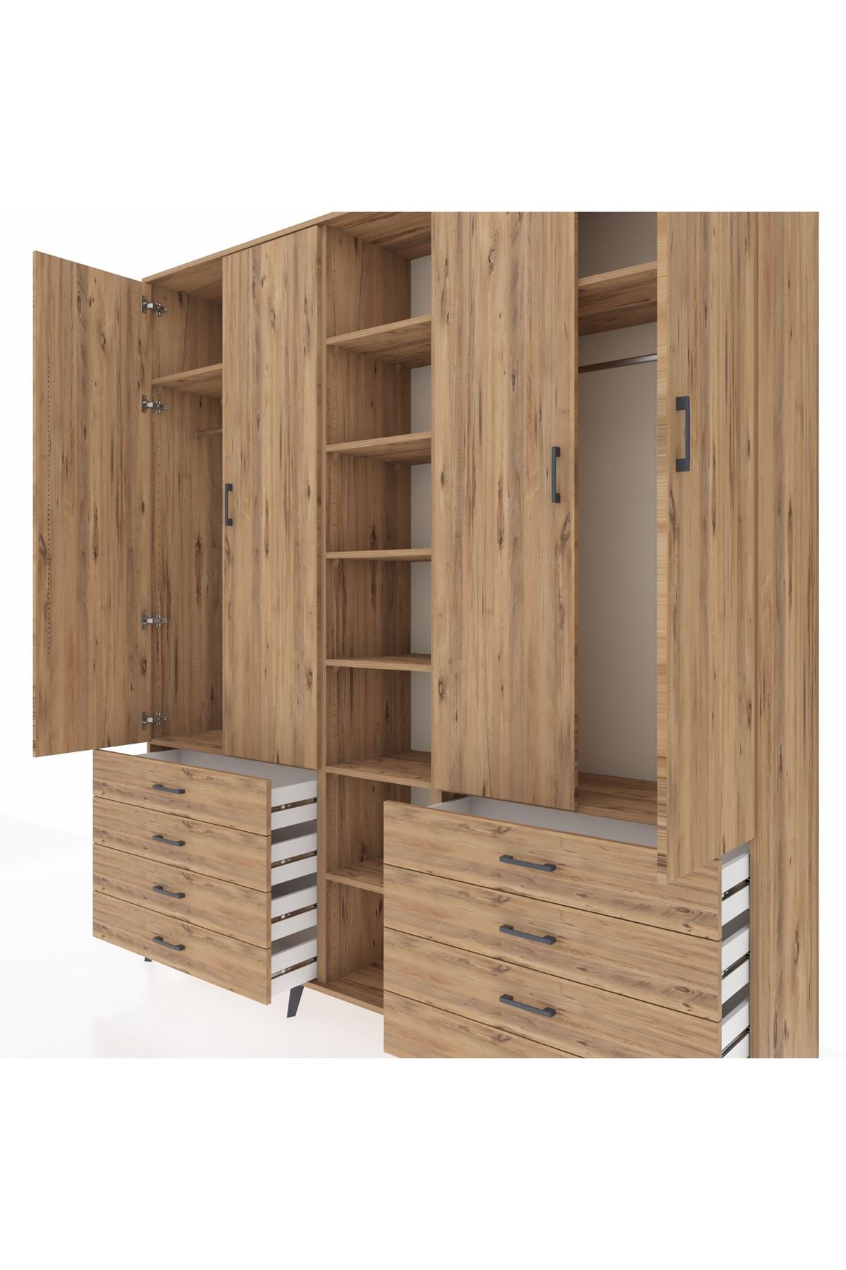 Hyperion Dolap 10 Raflı 8 Çekmeceli 2 Askılı 220x44x243 Çam-Çam/Çam