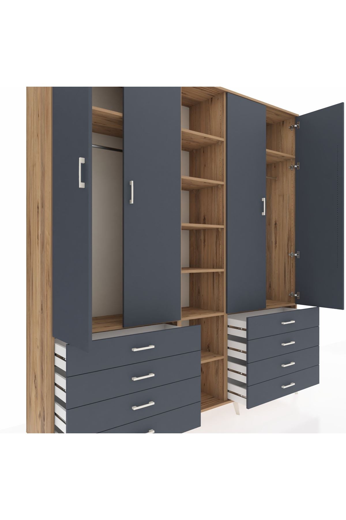 Hyperion Dolap 10 Raflı 8 Çekmeceli 2 Askılı 220x44x243 Çam-Antrasit/Antrasit