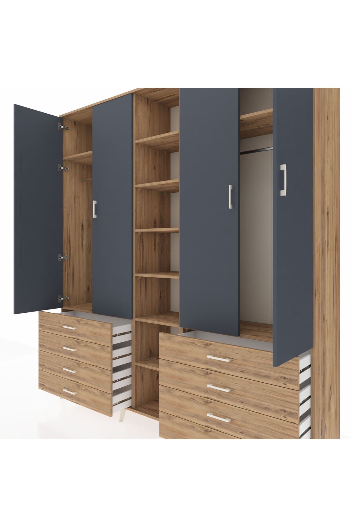 Hyperion Dolap 10 Raflı 8 Çekmeceli 2 Askılı 220x44x243 Çam-Antrasit/Çam