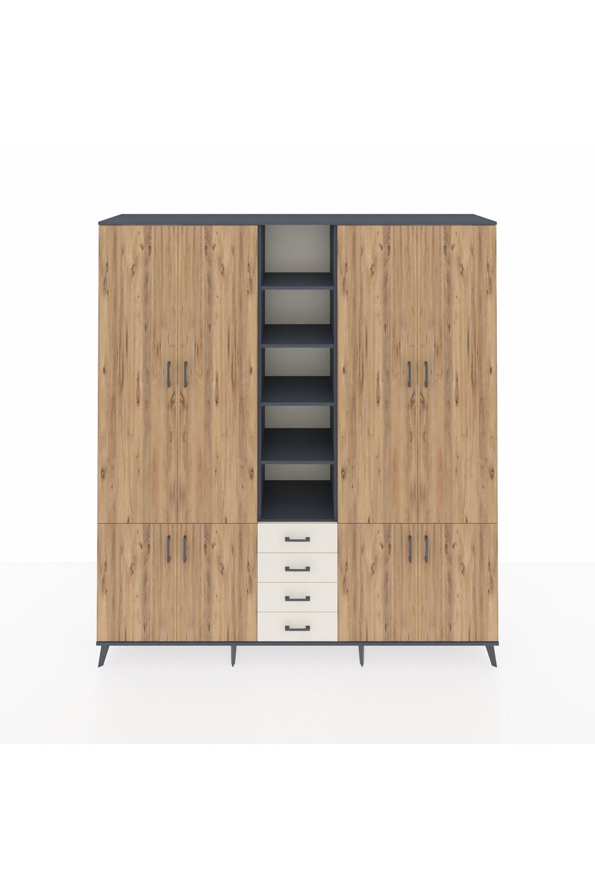 Hyperion Dolap 17 Raflı 4 Çekmeceli 8 Kapaklı 220x44x243 Antrasit-Çam/Aytaşı