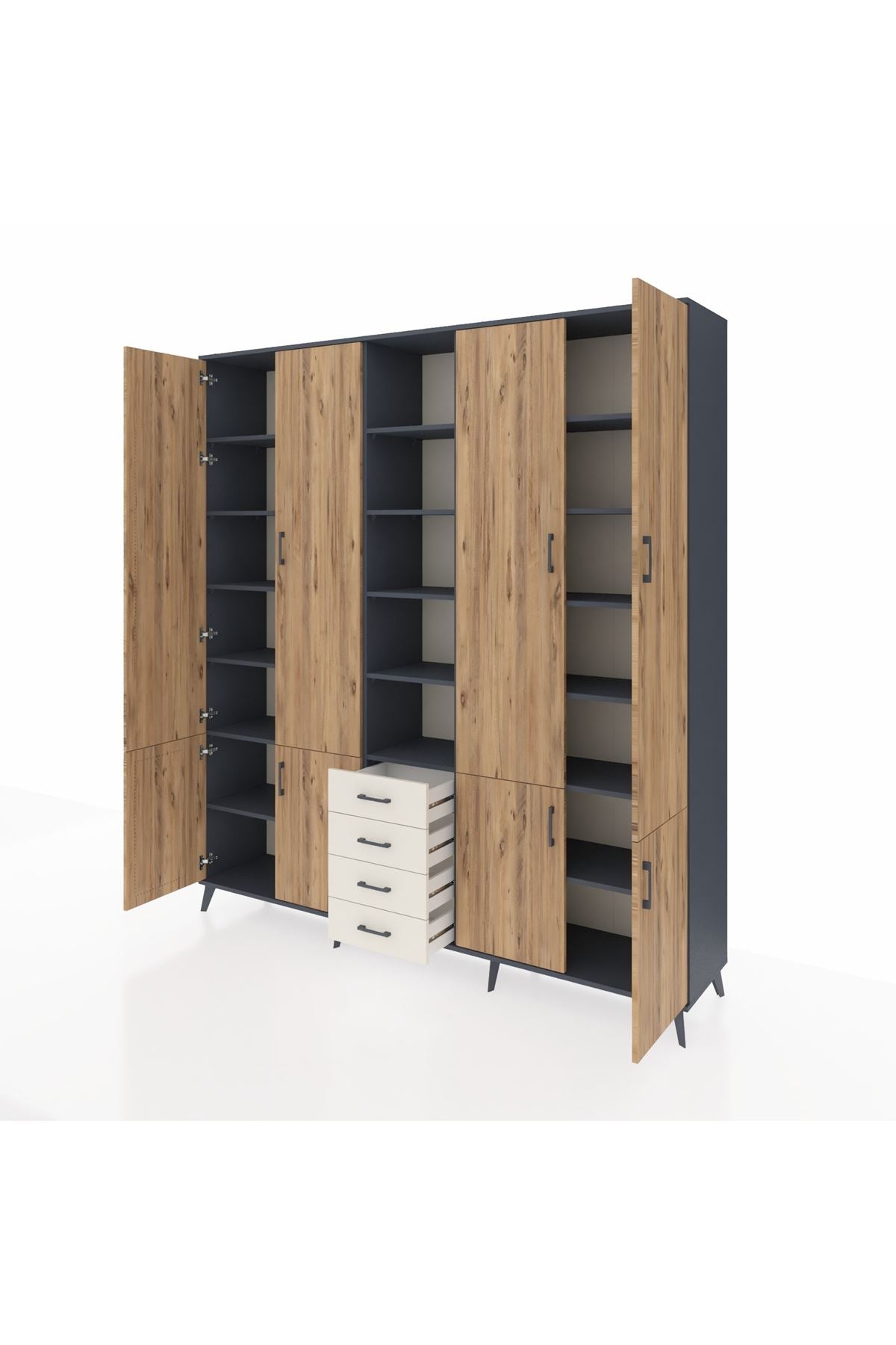 Hyperion Dolap 17 Raflı 4 Çekmeceli 8 Kapaklı 220x44x243 Antrasit-Çam/Aytaşı