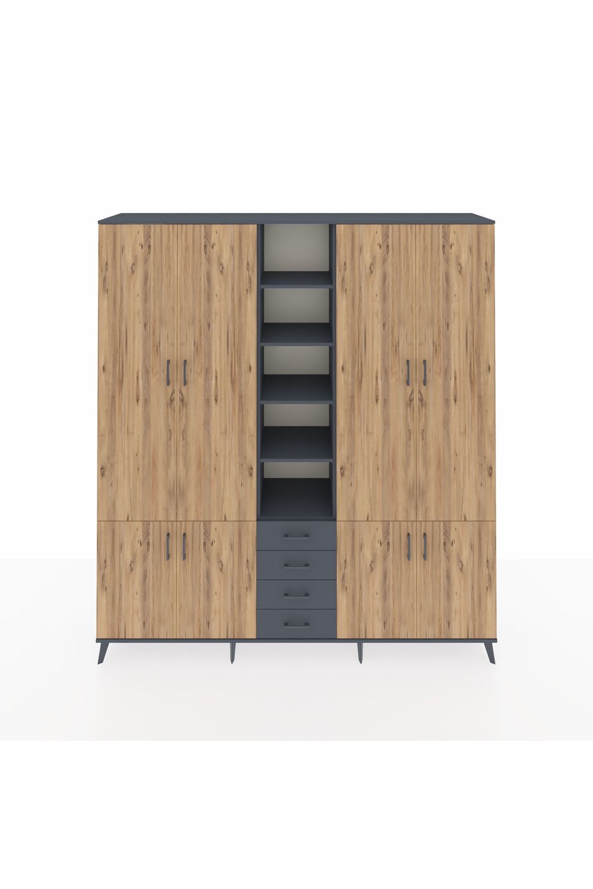 Hyperion Dolap 17 Raflı 4 Çekmeceli 8 Kapaklı 220x44x243 Antrasit-Çam/Antrasit