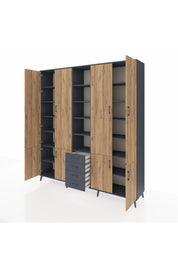 Hyperion Dolap 17 Raflı 4 Çekmeceli 8 Kapaklı 220x44x243 Antrasit-Çam/Antrasit