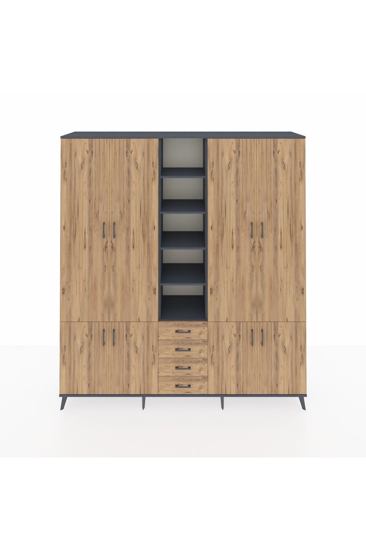 Hyperion Dolap 17 Raflı 4 Çekmeceli 8 Kapaklı 220x44x243 Antrasit-Çam/Çam