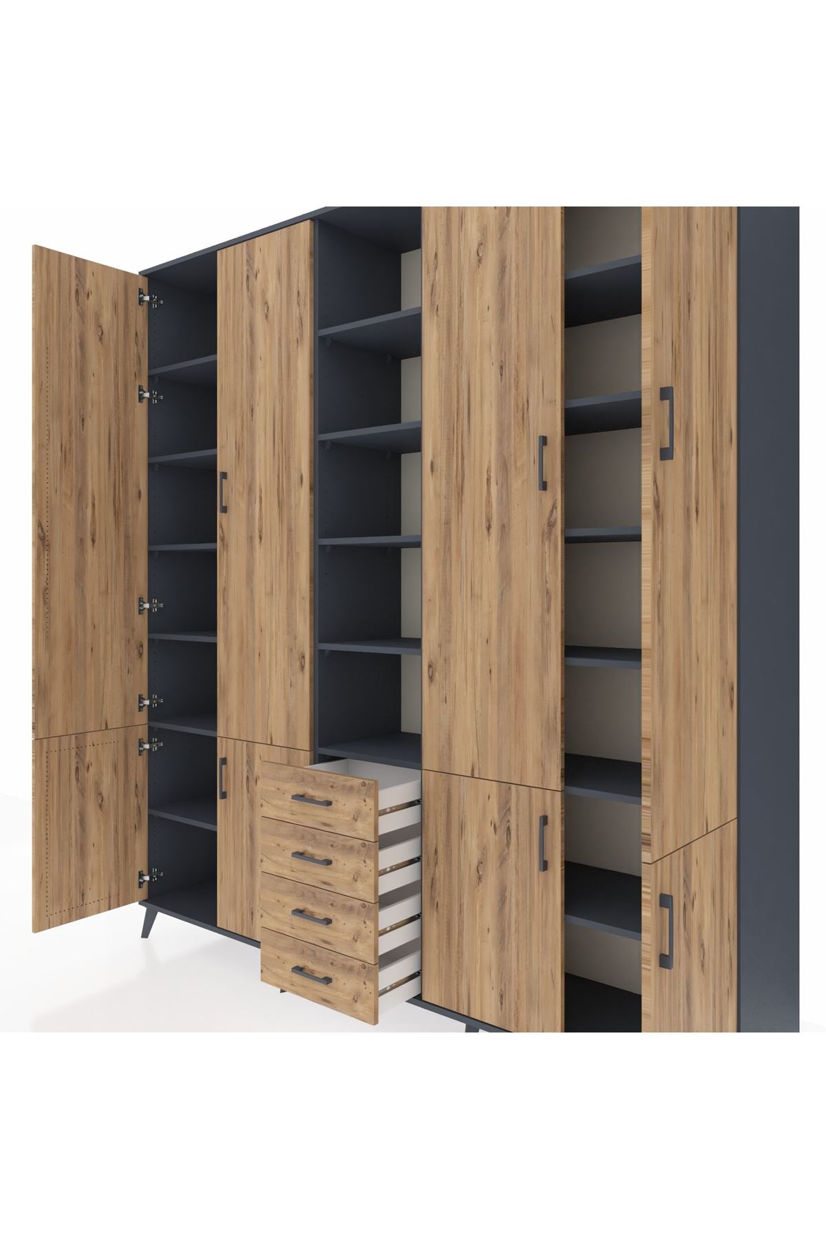 Hyperion Dolap 17 Raflı 4 Çekmeceli 8 Kapaklı 220x44x243 Antrasit-Çam/Çam