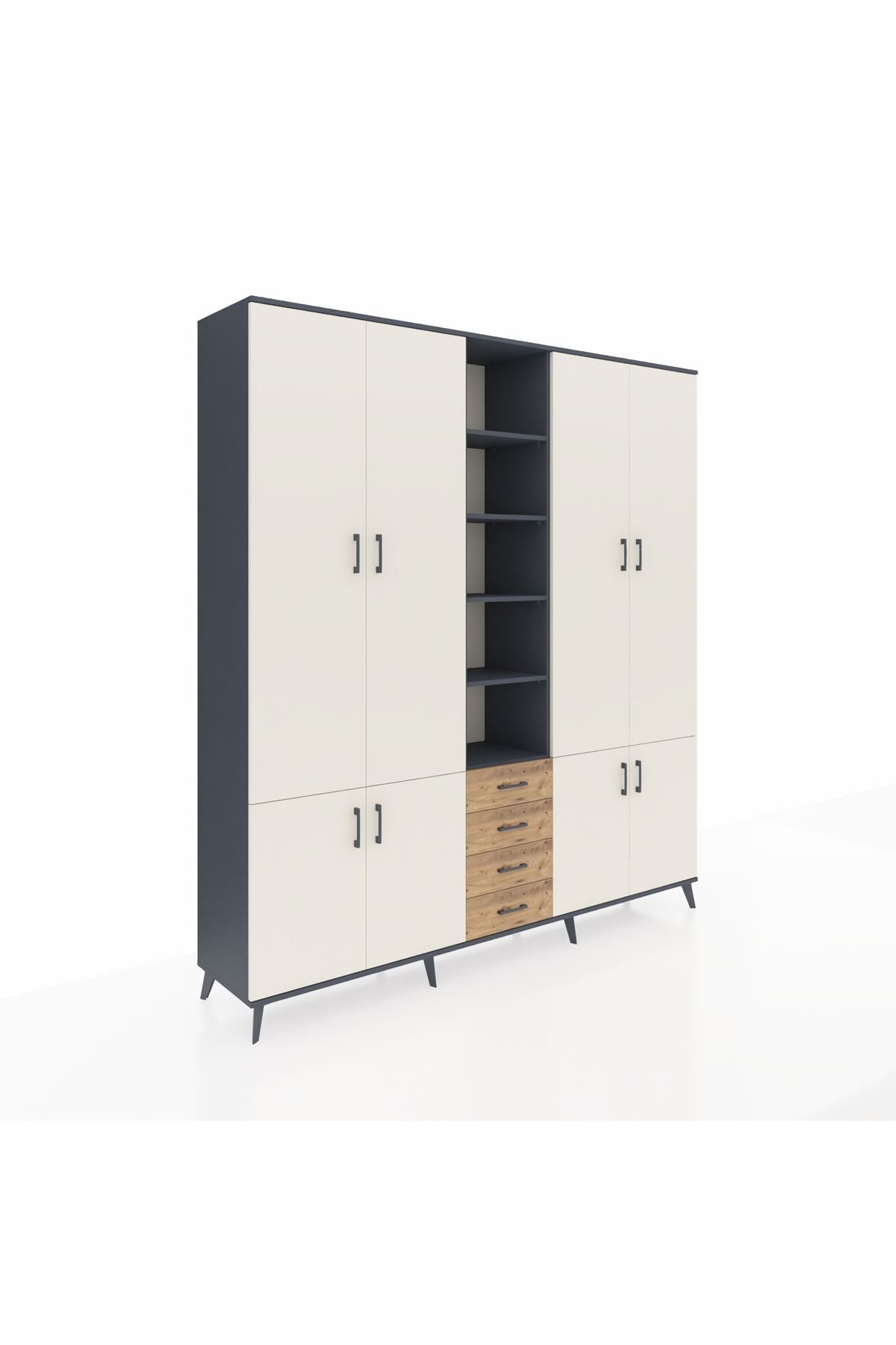 Hyperion Dolap 17 Raflı 4 Çekmeceli 8 Kapaklı 220x44x243 Antrasit-Aytaşı/Çam