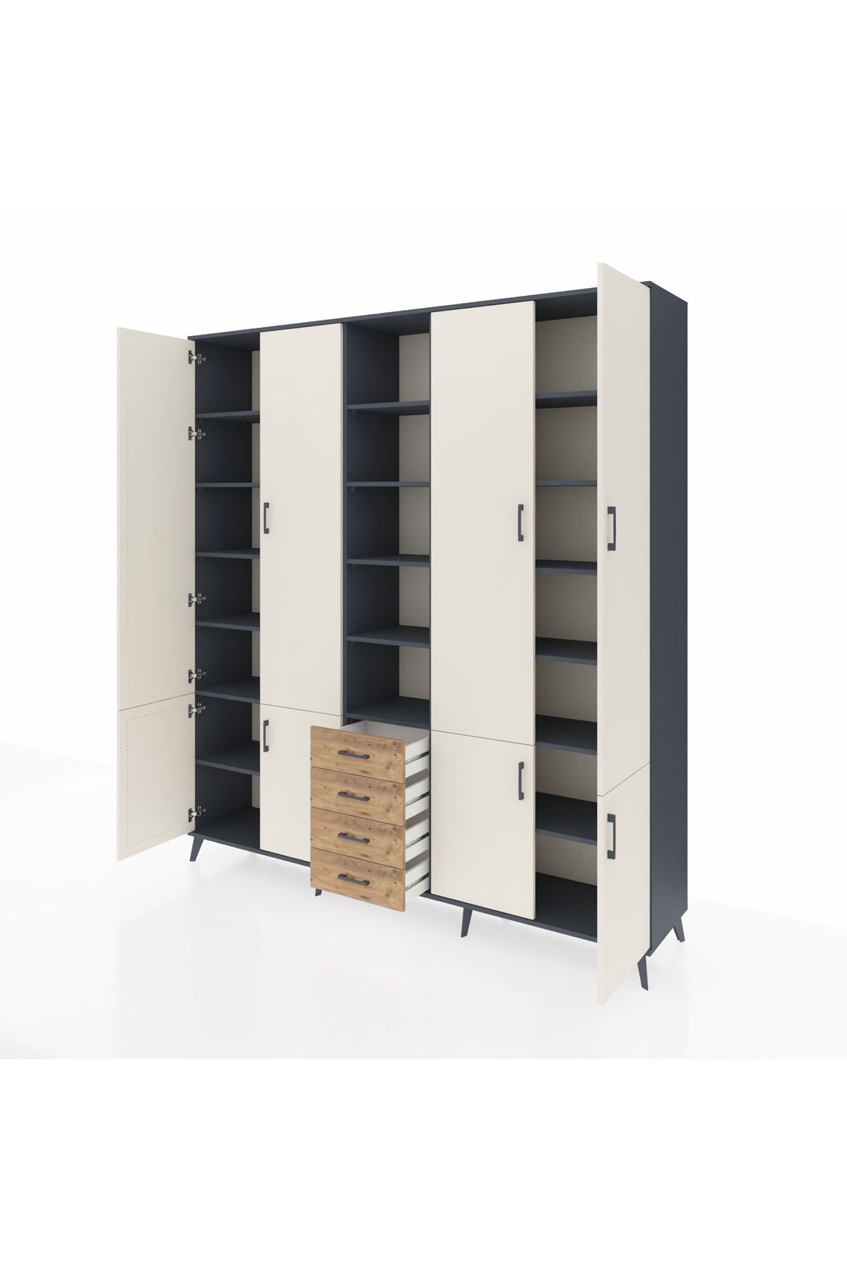 Hyperion Dolap 17 Raflı 4 Çekmeceli 8 Kapaklı 220x44x243 Antrasit-Aytaşı/Çam