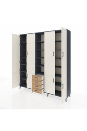 Hyperion Dolap 17 Raflı 4 Çekmeceli 8 Kapaklı 220x44x243 Antrasit-Aytaşı/Çam