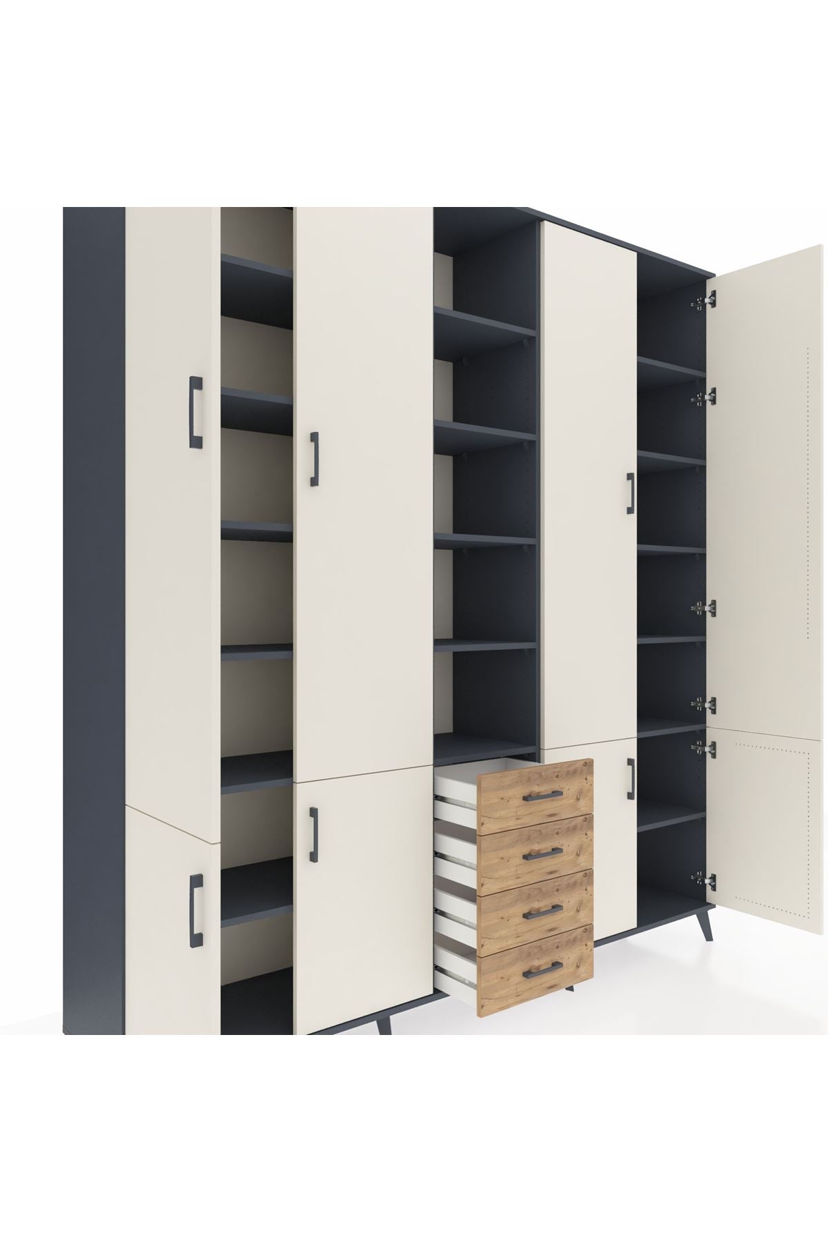 Hyperion Dolap 17 Raflı 4 Çekmeceli 8 Kapaklı 220x44x243 Antrasit-Aytaşı/Çam