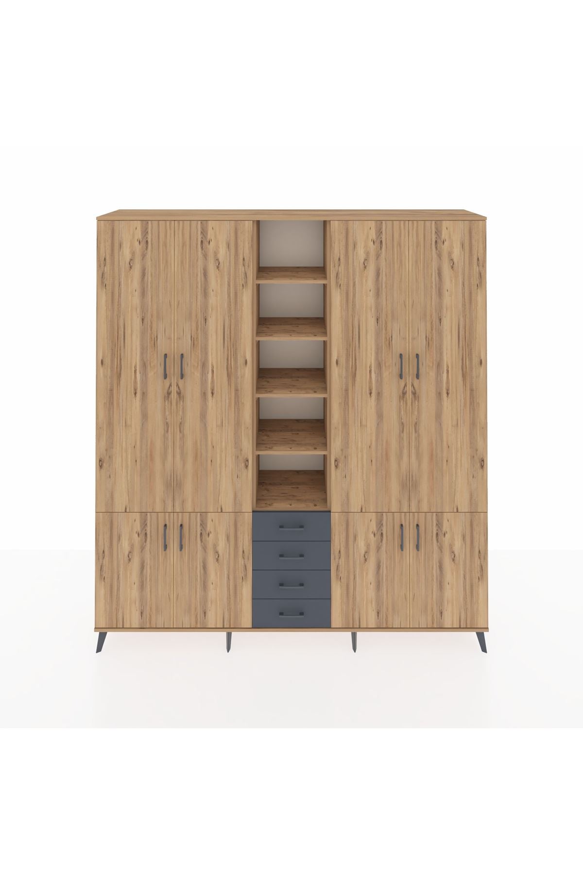 Hyperion Dolap 17 Raflı 4 Çekmeceli 8 Kapaklı 220x44x243 Çam-Çam/Antrasit