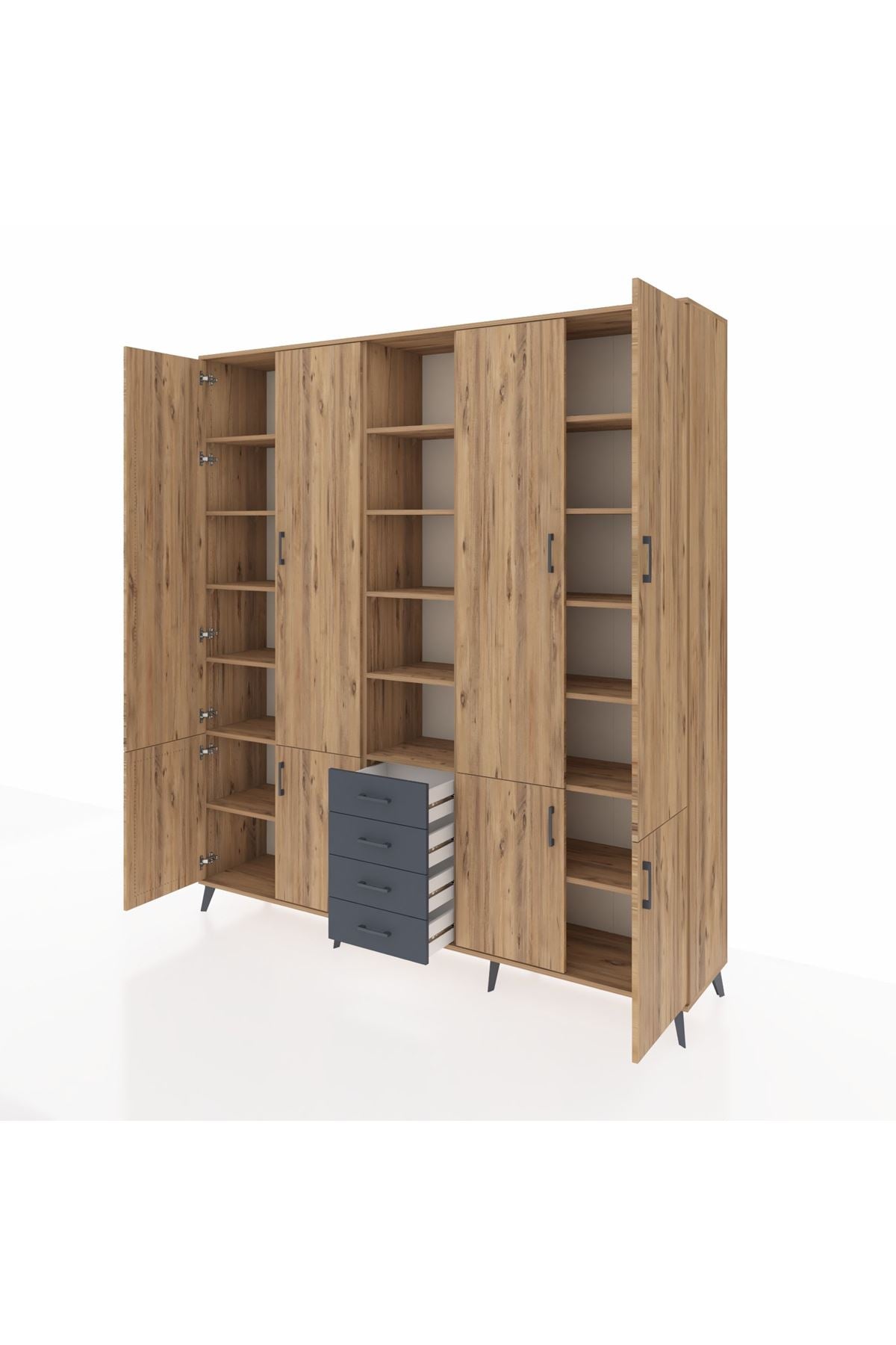 Hyperion Dolap 17 Raflı 4 Çekmeceli 8 Kapaklı 220x44x243 Çam-Çam/Antrasit