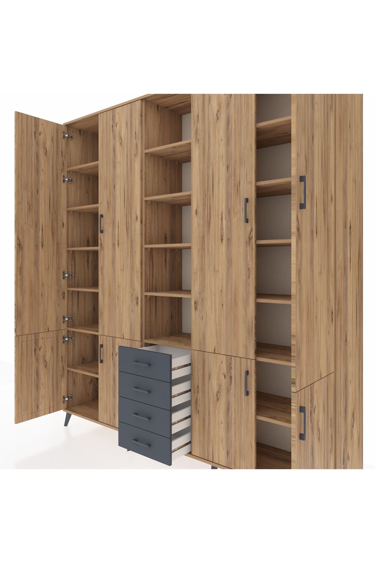 Hyperion Dolap 17 Raflı 4 Çekmeceli 8 Kapaklı 220x44x243 Çam-Çam/Antrasit