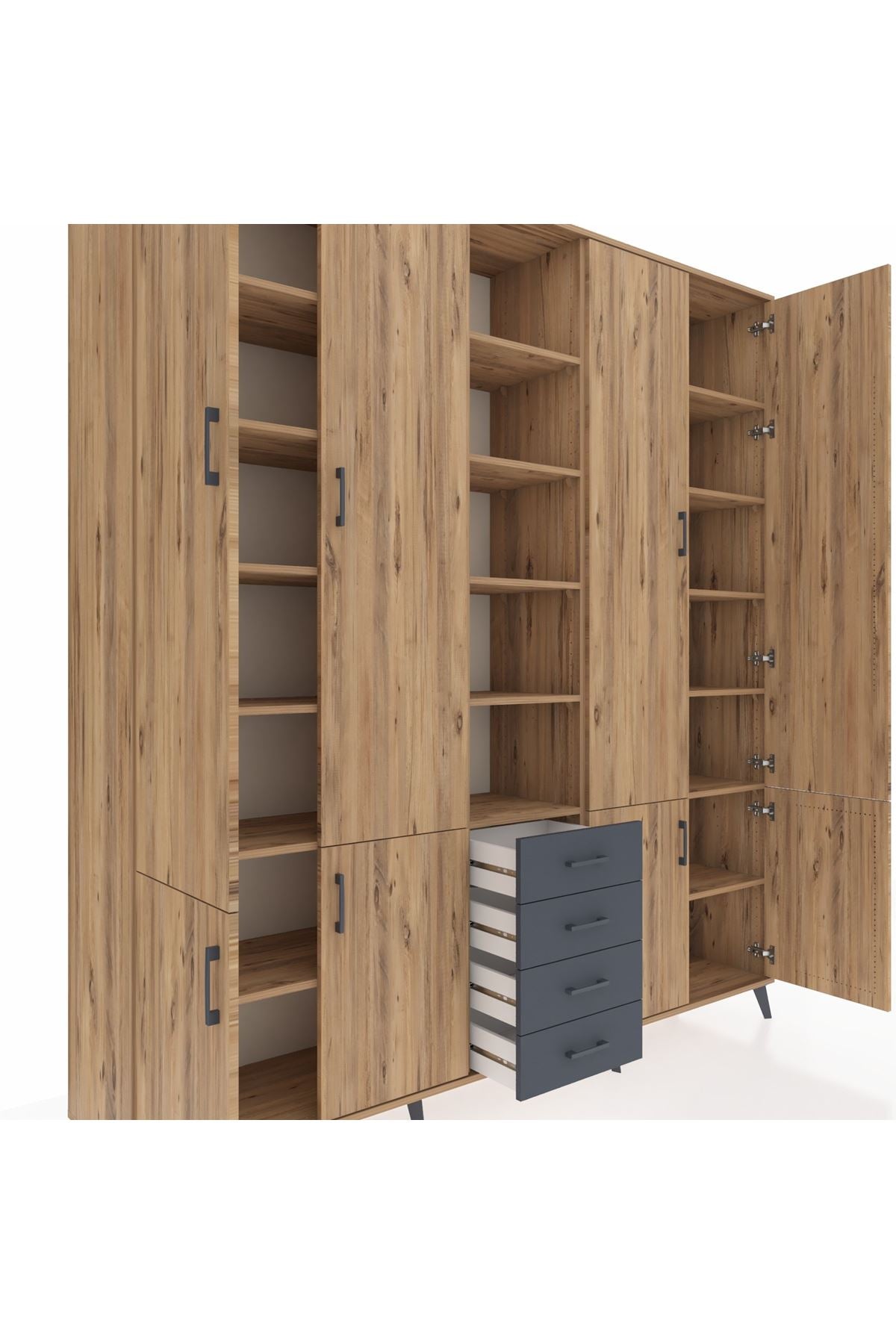 Hyperion Dolap 17 Raflı 4 Çekmeceli 8 Kapaklı 220x44x243 Çam-Çam/Antrasit