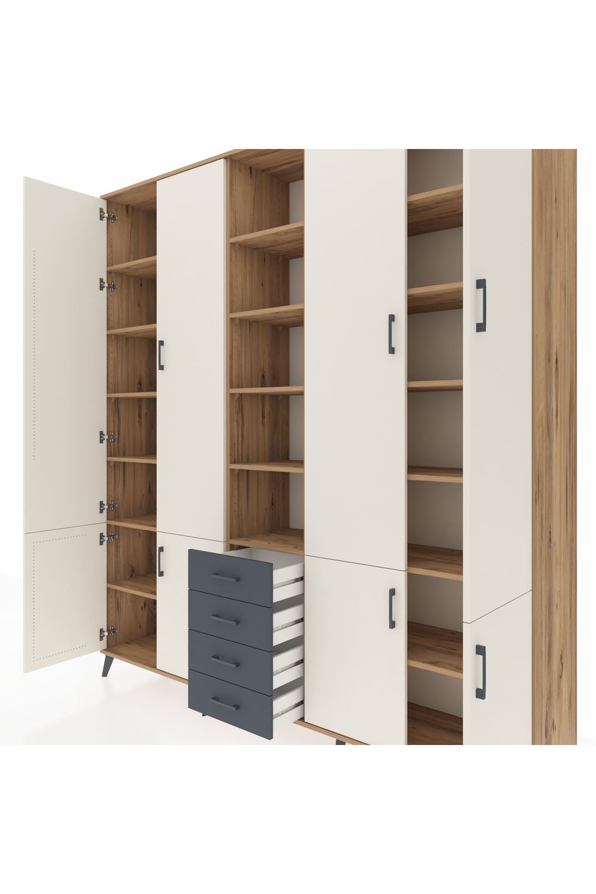 Hyperion Dolap 17 Raflı 4 Çekmeceli 8 Kapaklı 220x44x243 Çam-Aytaşı/Antrasit