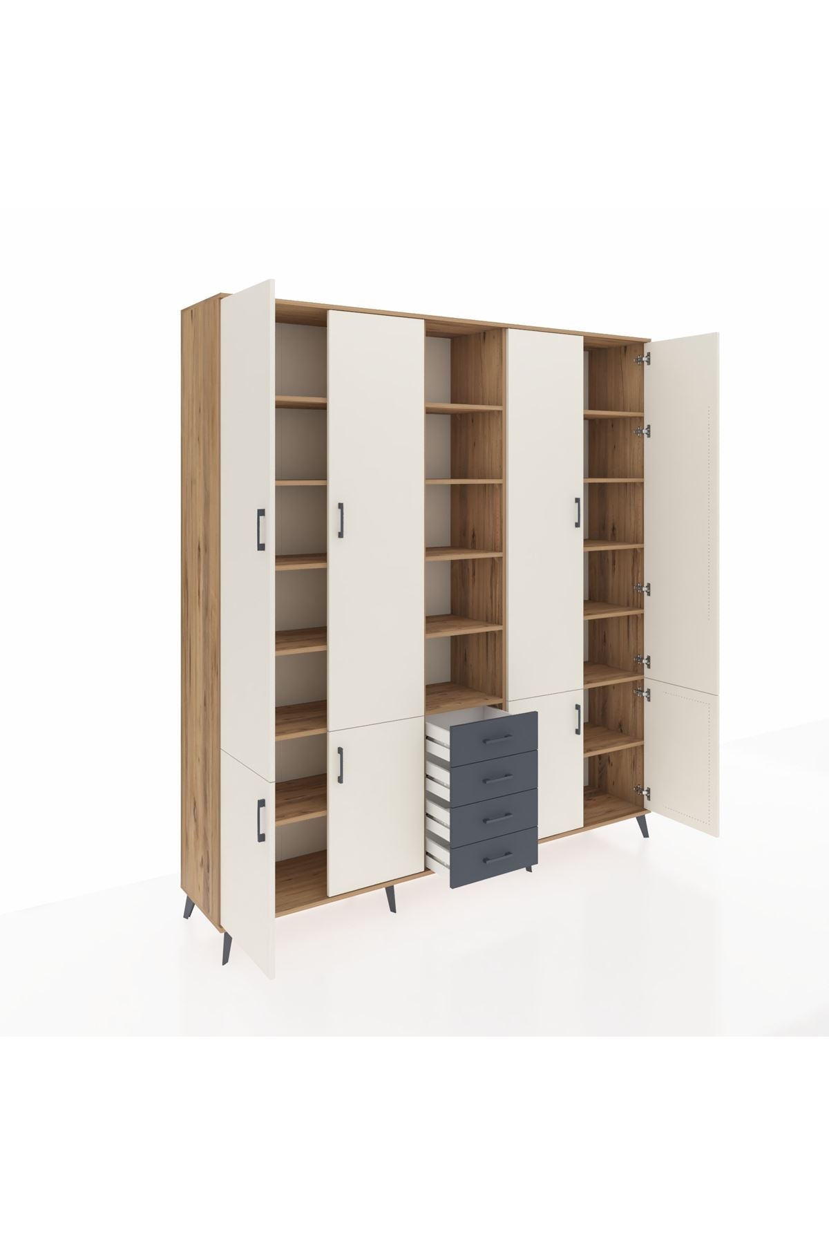 Hyperion Dolap 17 Raflı 4 Çekmeceli 8 Kapaklı 220x44x243 Çam-Aytaşı/Antrasit