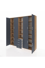 Hyperion Dolap 17 Raflı 4 Çekmeceli 8 Kapaklı 220x44x243 Çam-Antrasit/Antrasit