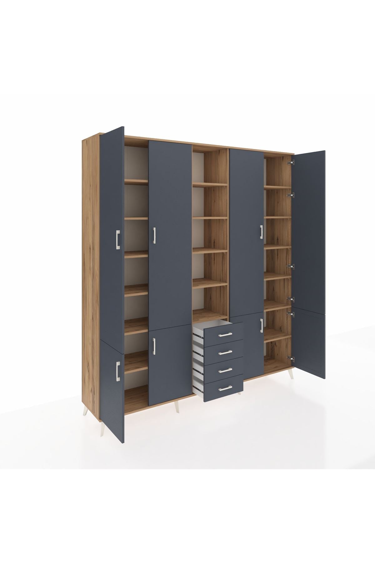 Hyperion Dolap 17 Raflı 4 Çekmeceli 8 Kapaklı 220x44x243 Çam-Antrasit/Antrasit