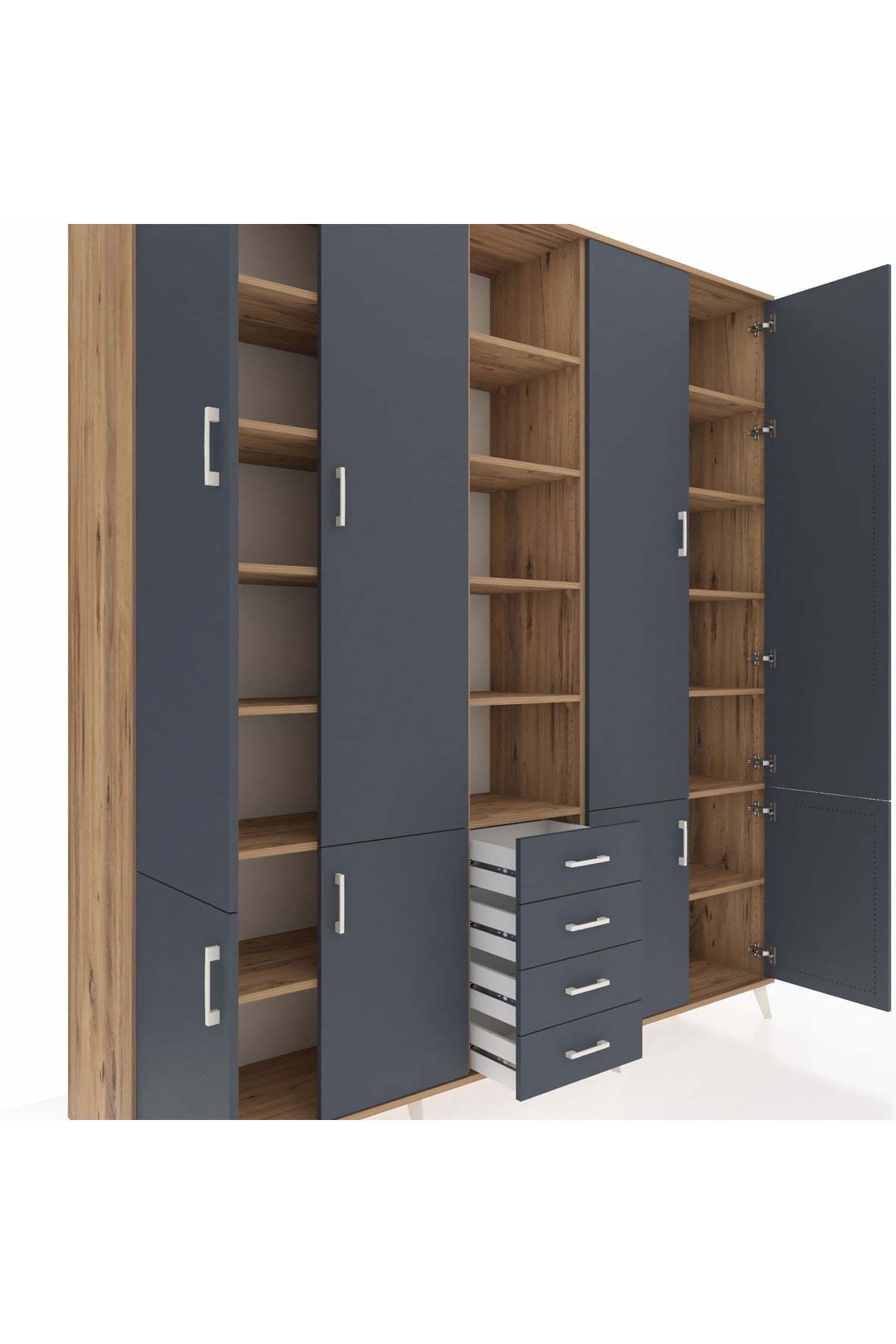 Hyperion Dolap 17 Raflı 4 Çekmeceli 8 Kapaklı 220x44x243 Çam-Antrasit/Antrasit