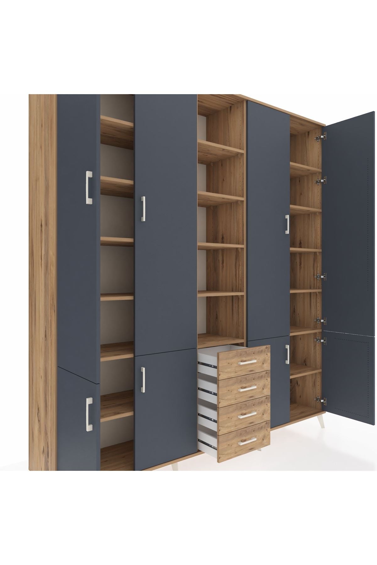 Hyperion Dolap 17 Raflı 4 Çekmeceli 8 Kapaklı 220x44x243 Çam-Antrasit/Çam