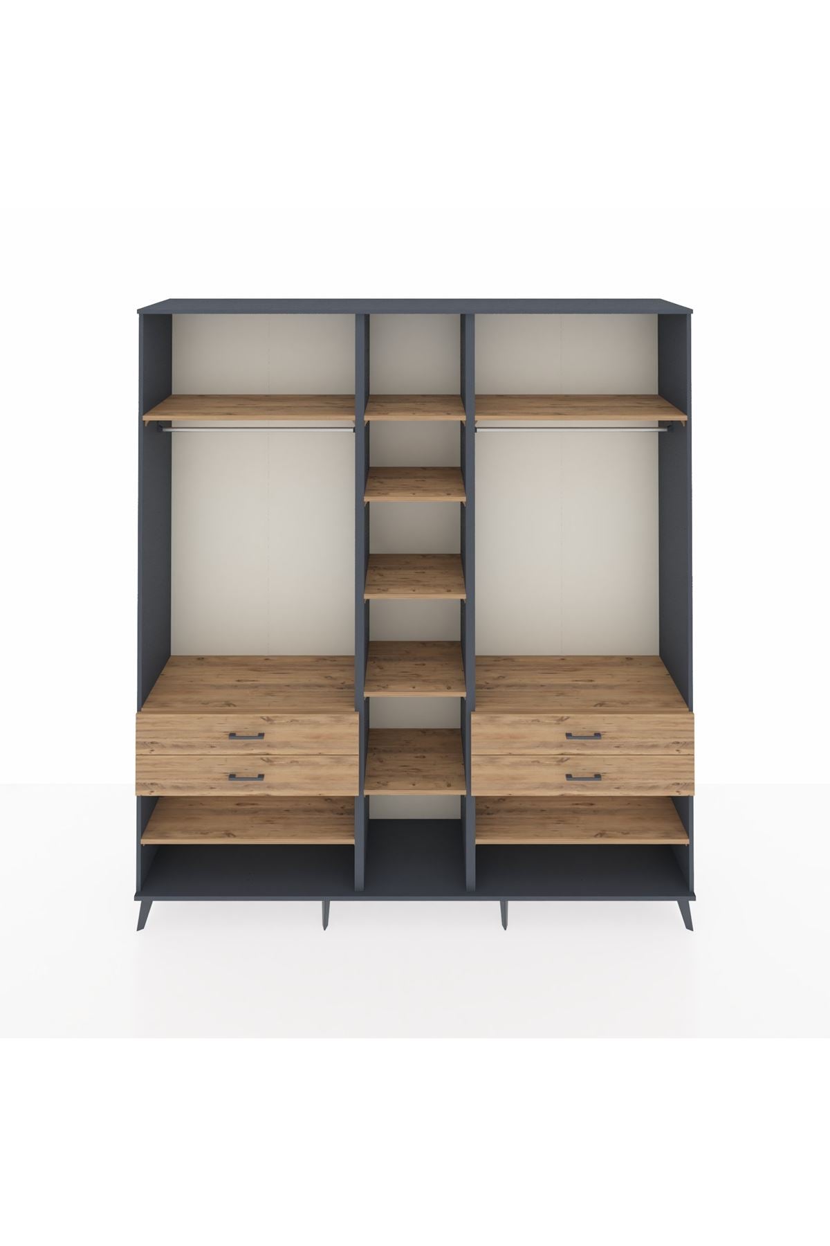 Hyperion Dolap 11 Raflı 4 Çekmeceli 2 Askılı 220x44x243 Antrasit-Çam/Çam