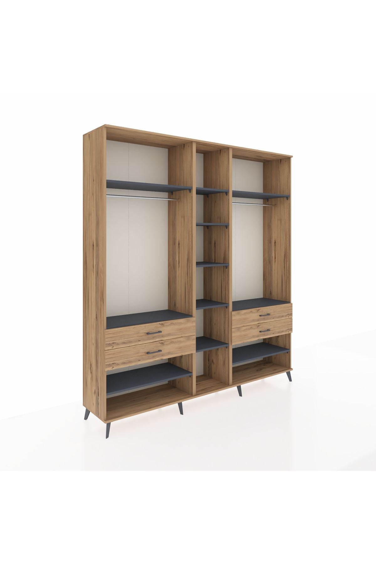 Hyperion Dolap 11 Raflı 4 Çekmeceli 2 Askılı 220x44x243 Çam-Antrasit/Çam