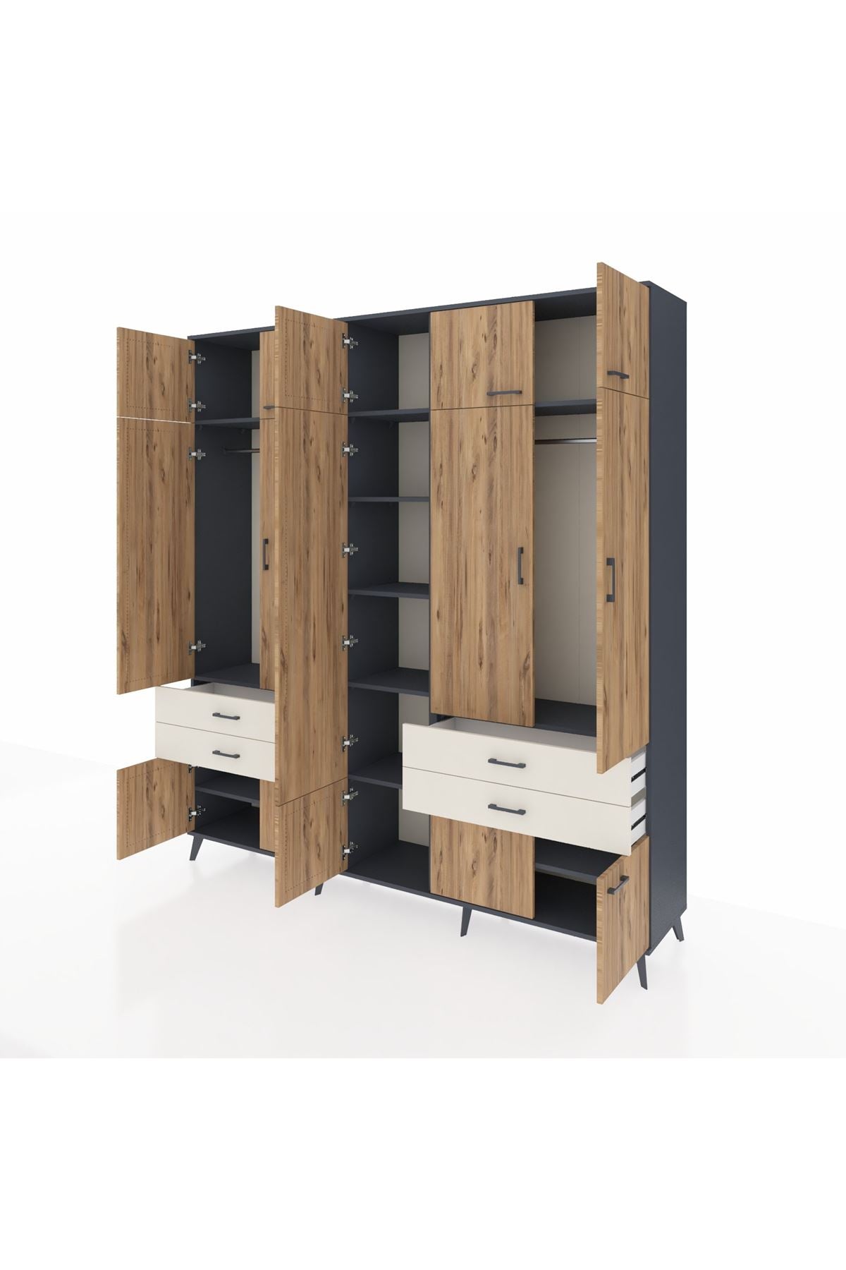 Hyperion Dolap 11 Raflı 4 Çekmeceli 2 Askılı 220x44x243 Antrasit-Çam/Aytaşı