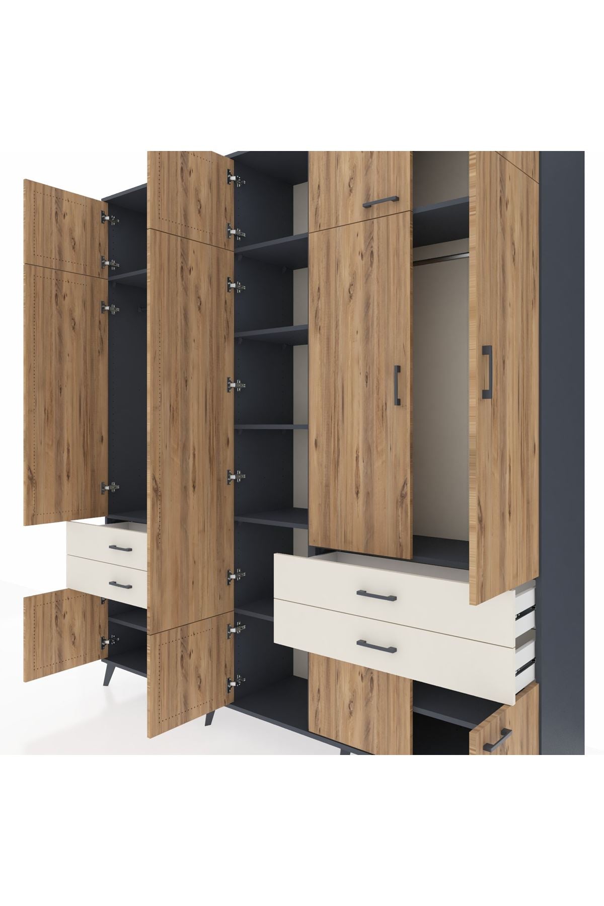 Hyperion Dolap 11 Raflı 4 Çekmeceli 2 Askılı 220x44x243 Antrasit-Çam/Aytaşı