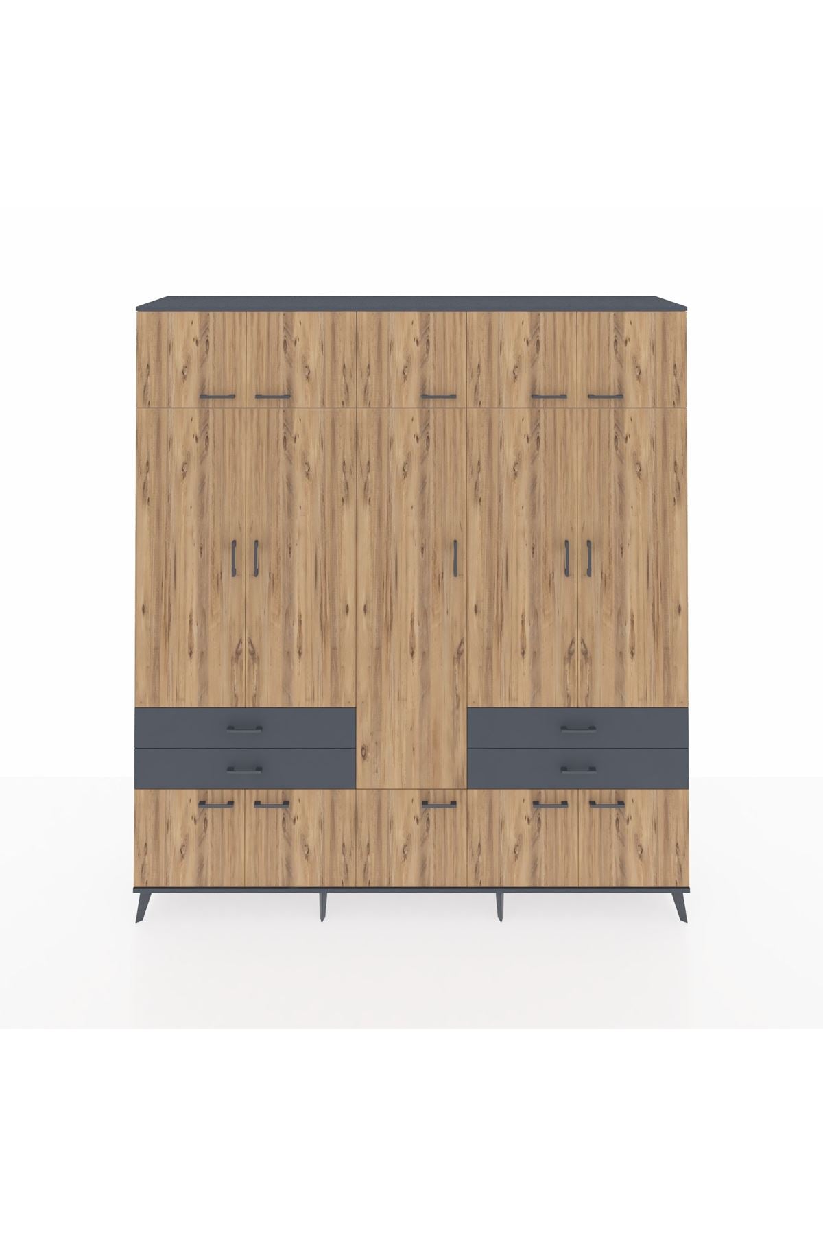 Hyperion Dolap 11 Raflı 4 Çekmeceli 2 Askılı 220x44x243 Antrasit-Çam/Antrasit