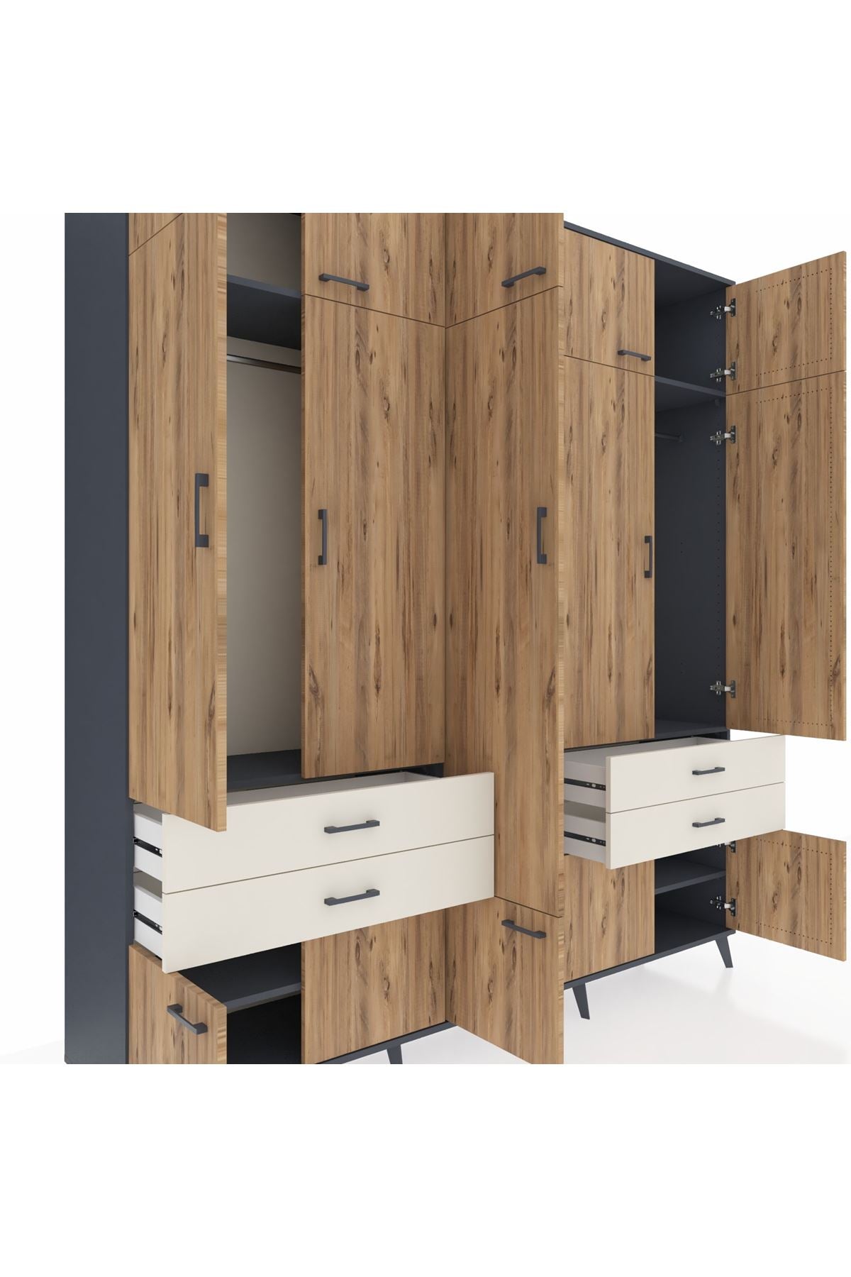 Hyperion Dolap 11 Raflı 4 Çekmeceli 2 Askılı 220x44x243 Antrasit-Çam/Aytaşı