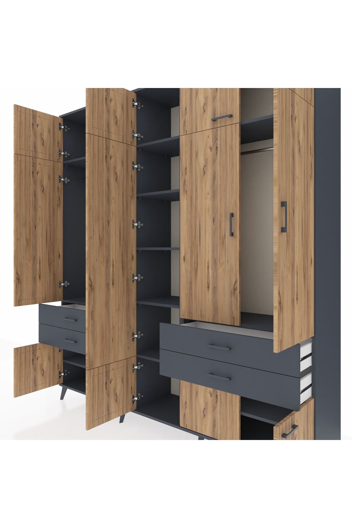 Hyperion Dolap 11 Raflı 4 Çekmeceli 2 Askılı 220x44x243 Antrasit-Çam/Antrasit