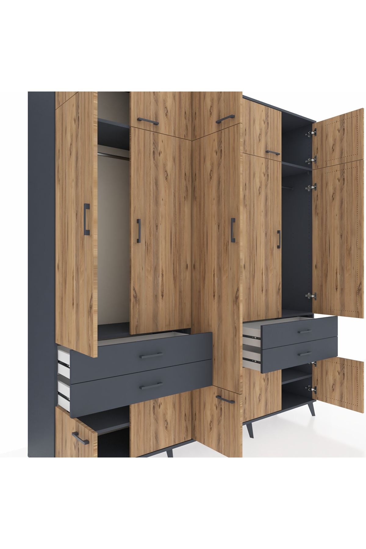 Hyperion Dolap 11 Raflı 4 Çekmeceli 2 Askılı 220x44x243 Antrasit-Çam/Antrasit