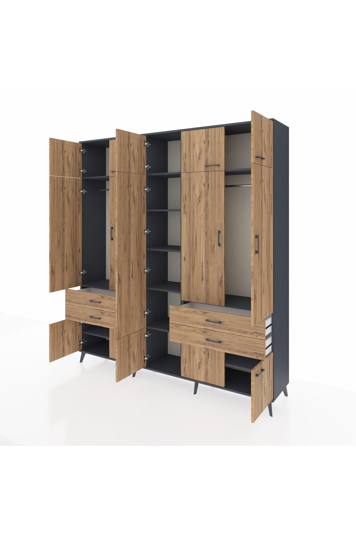 Hyperion Dolap 11 Raflı 4 Çekmeceli 2 Askılı 220x44x243 Antrasit-Çam/Çam