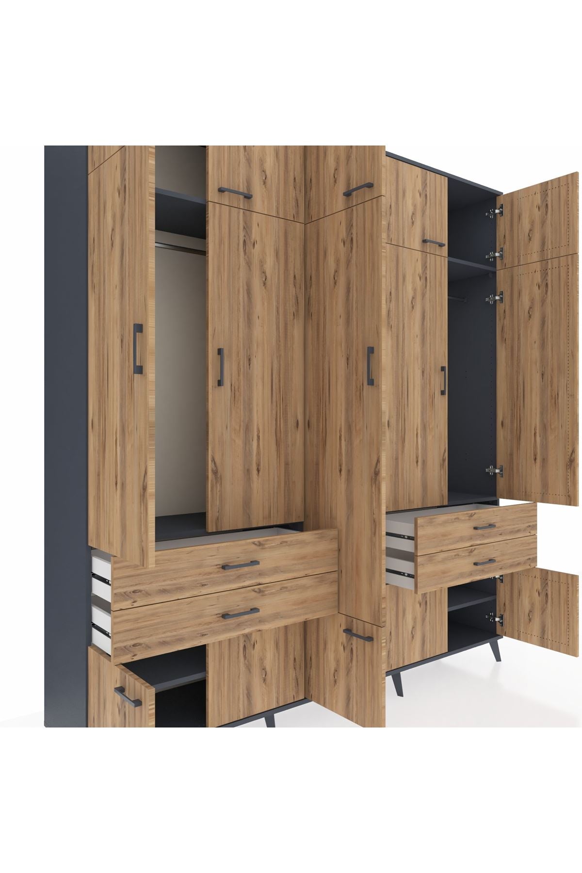 Hyperion Dolap 11 Raflı 4 Çekmeceli 2 Askılı 220x44x243 Antrasit-Çam/Çam