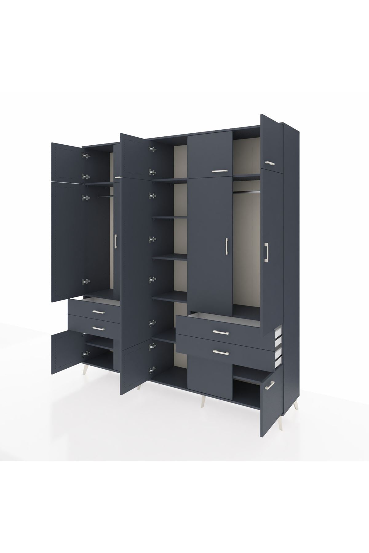 Hyperion Dolap 11 Raflı 4 Çekmeceli 2 Askılı 220x44x243 Antrasit-Antrasit/Antrasit